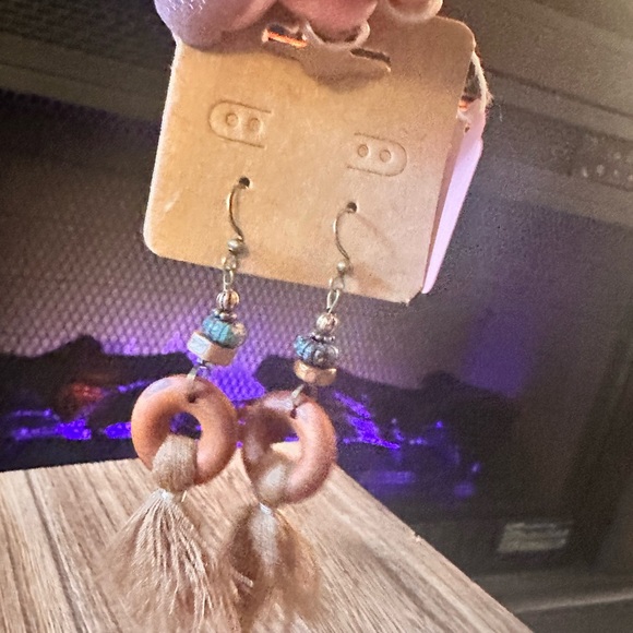 Super cute Boho inspired bamboo earrings with soft fringe. NWT - Picture 2 of 4